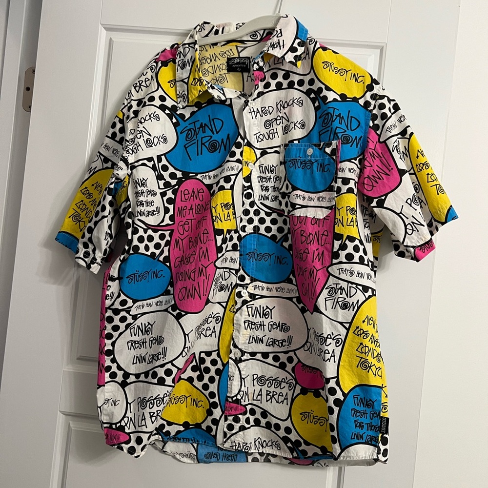Stussy pop funk bubble word art button down shirt. Size large. See pics for